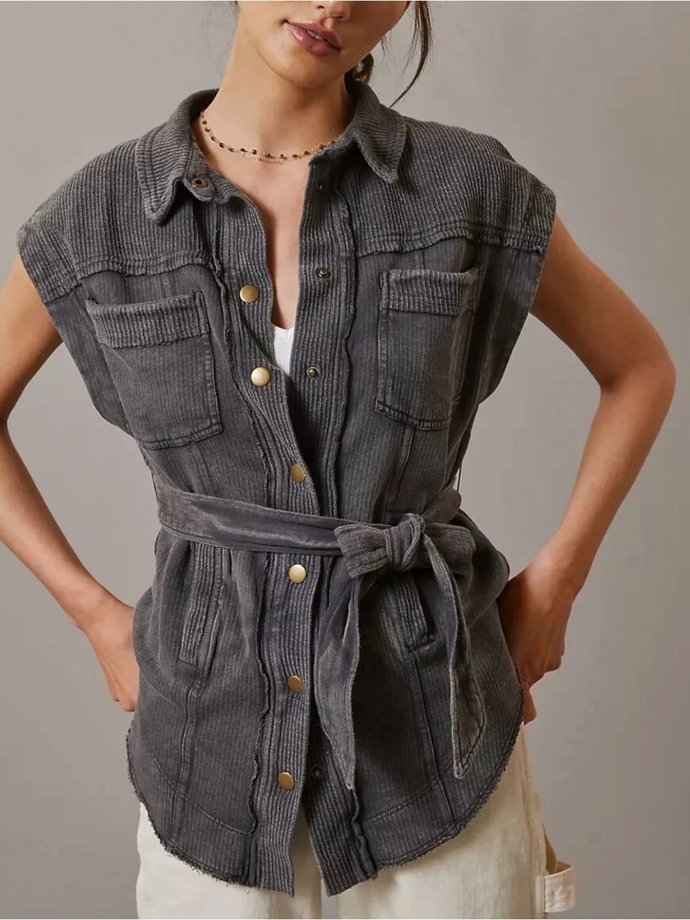 Pilcro Anthropologie Washed Charcoal Sleeveless Button-Front Belted Vest M